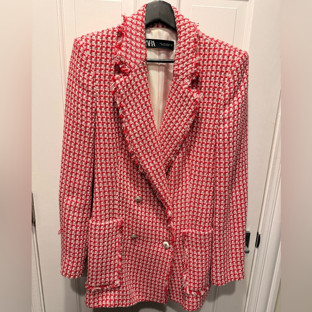 Zara Red and White Tweed Blazer